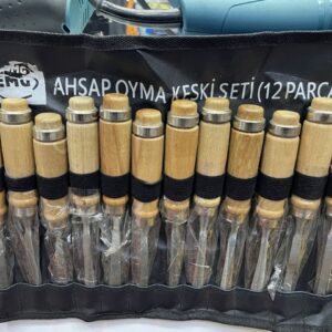 12 Parça Profesyonel Iskarpela Ahşap Saplı Oyma Seti Özel Çantalı