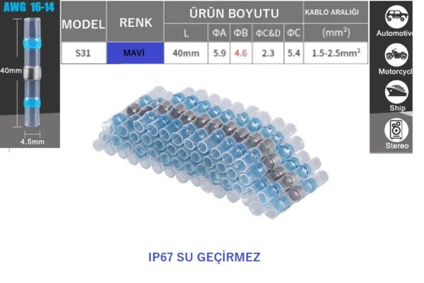 Mavi Lehimli Daralan Makaron Su Geçirmez Kablo Birleştirici 500 Adet