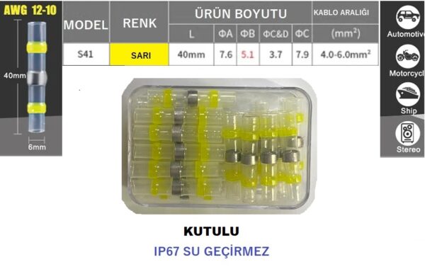 Sarı Lehimli Daralan Makaron Su Geçirmez Kutulu 30adet