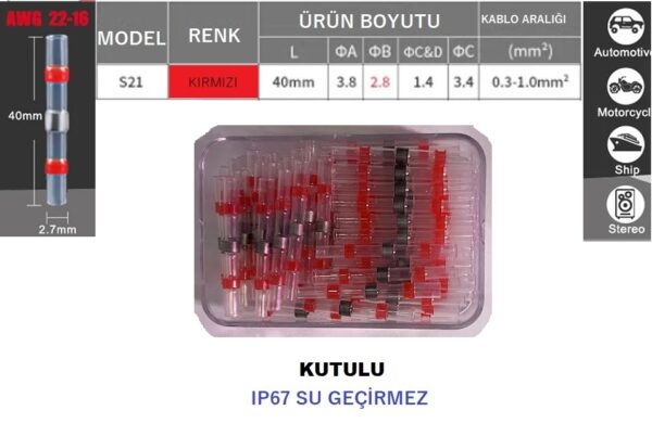 Kırmızı Lehimli Daralan Makaron Su Geçirmez Kutulu 80 Adet